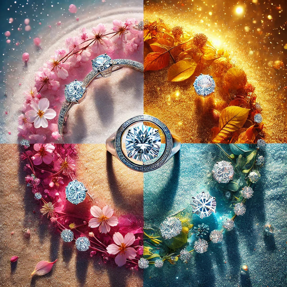 Four-part image showing a Tiffany diamond ring in spring, summer, autumn, and winter settings.