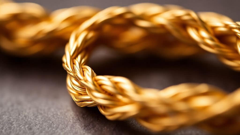 Close-up of a gold rope chain highlighting its twisted links and smooth texture.